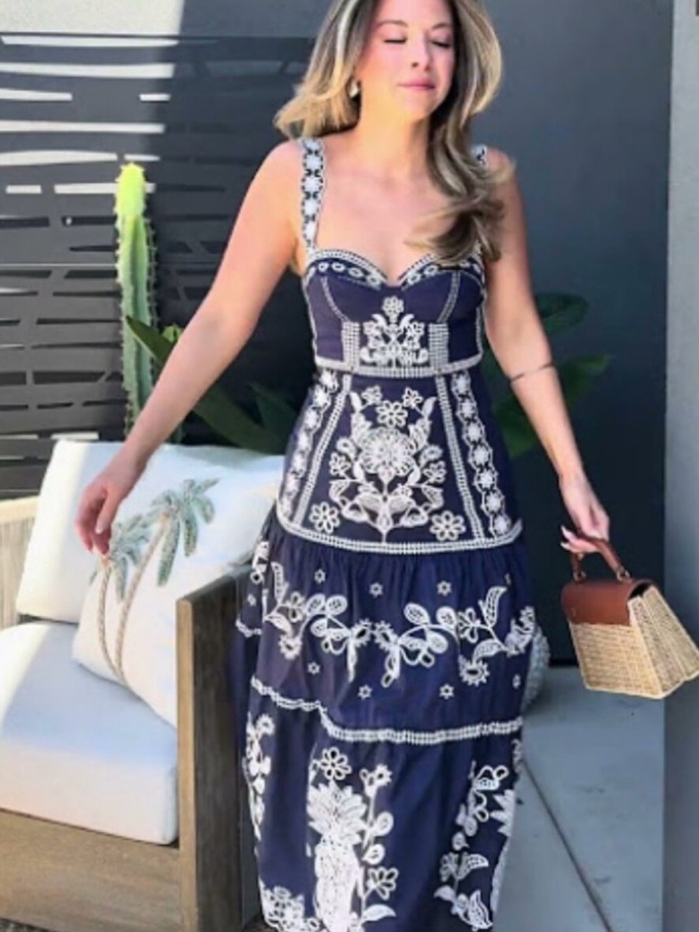 Farm Rio Blue Embroidered Maxi Dress medium nwt
